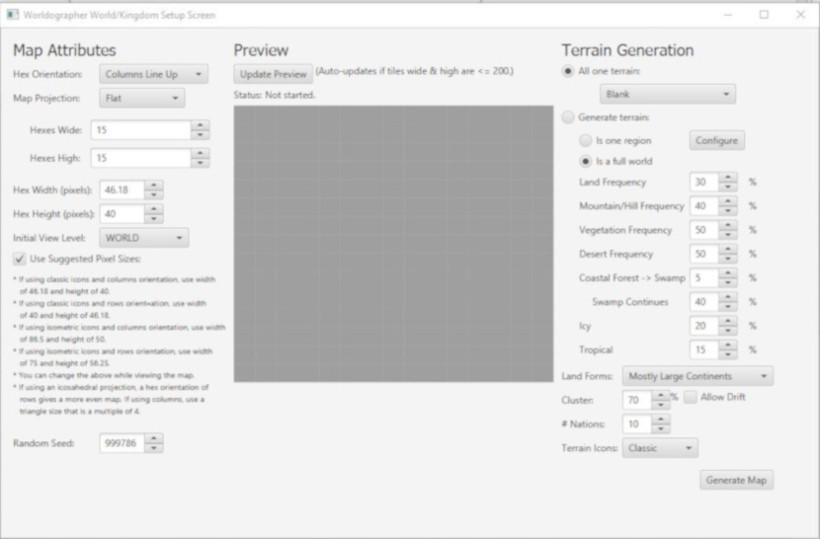 New Worldographer 15x15 hex map settings